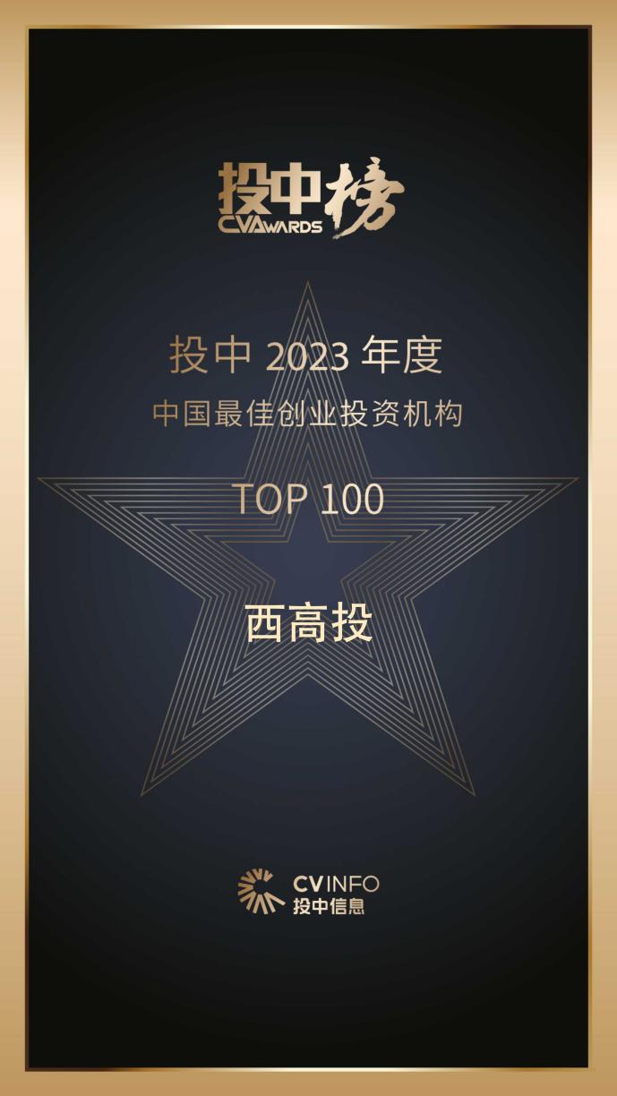 西高投连续8年入选投中榜主榜—2023年度中国最佳创业投资机构TOP100